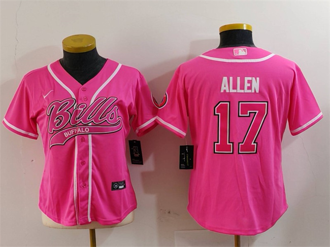 Youth Buffalo Bills #17 Josh Allen Pink With Patch Cool Base Stitched Baseball Jersey Youth Buffalo Bills #17 Josh Allen Pink With Patch Cool Base Stitched Baseball Jersey